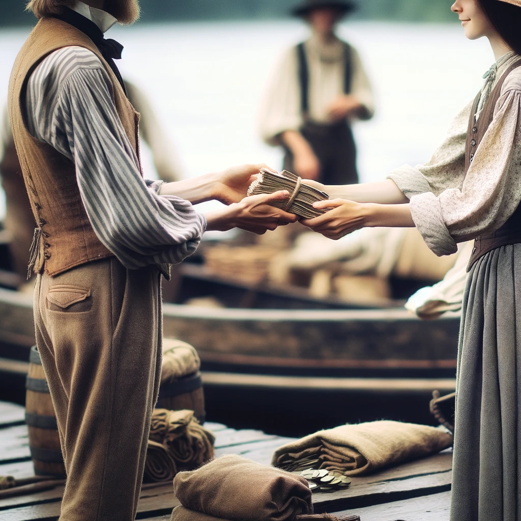 DALL·E 2024-05-25 09.08.31 - A close-up of two people engaging in a historical trade activity in the 1800s, exchanging goods. The background is blurred, showing a hint of traditio