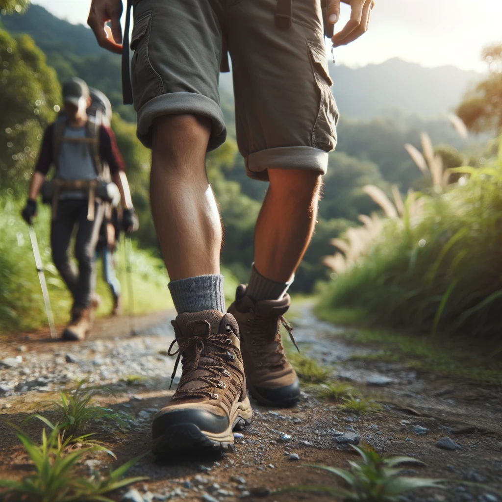 DALL·E 2024-05-25 09.27.36 - A close-up of hikers walking on a well-maintained trail, focusing on their legs and hiking gear. The background is blurred, showing hints of greenery