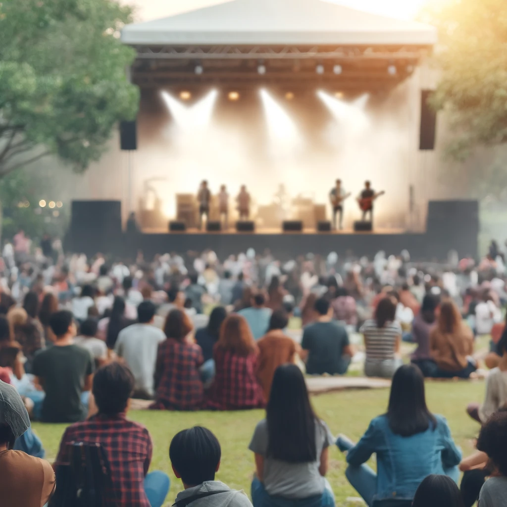 DALL·E 2024-05-25 09.53.20 - A close-up of a community event in a park with people gathered, enjoying cultural festivals or outdoor concerts. The background shows a blurred stage,