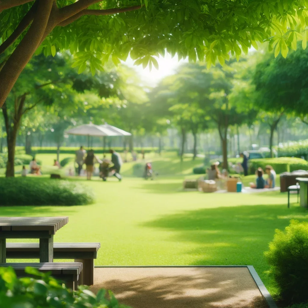 DALL·E 2024-05-25 09.50.27 - A close-up of a peaceful area in a park with well-maintained greenery, shaded areas, and families picnicking. The background is blurred to avoid speci