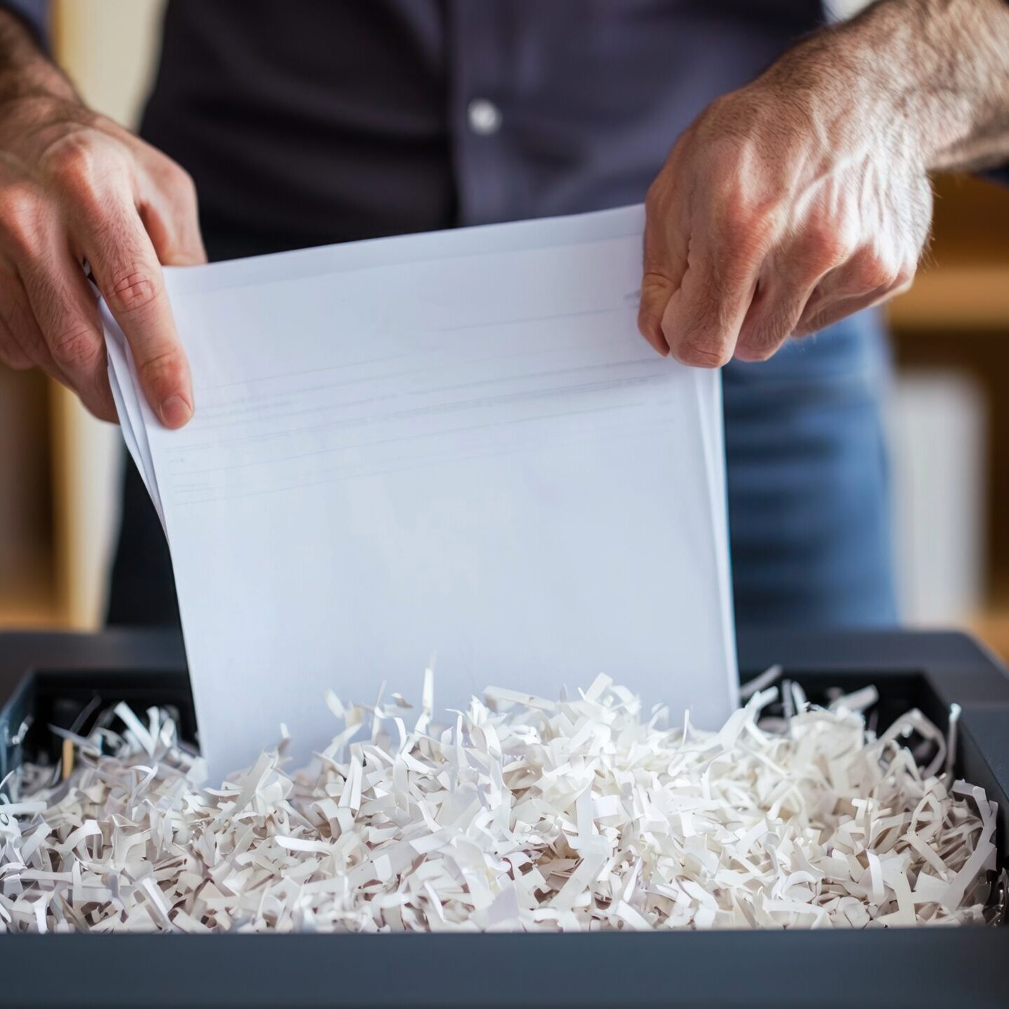 Person shredding a document in an office shredder